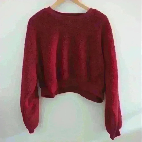 FLIRTITUDE | Women's Deep Wine Sherpa Cropped Long Sleeved Sweater - Picture 1 of 3